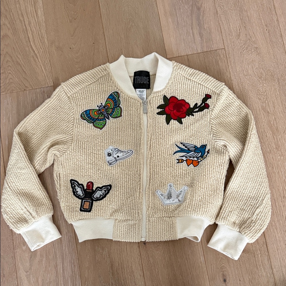 Truce Kids Cream Embroidered Patch Bomber Jacket